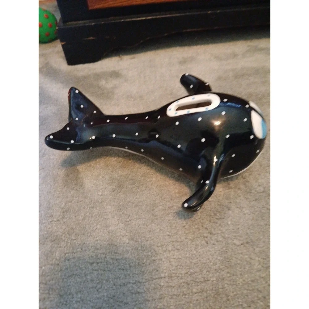 Vintage Whale Coin Bank Pati Hand Painted Porcelain China Black